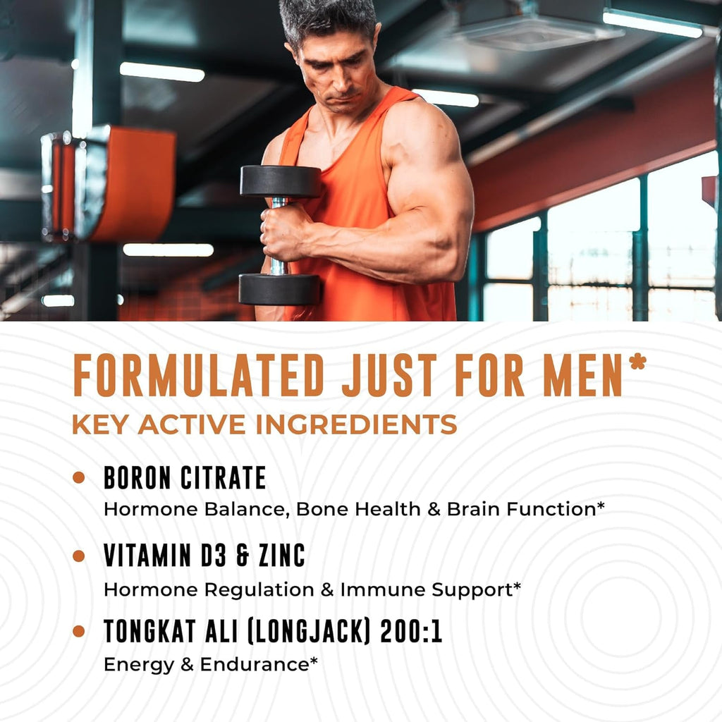 Boron Supplement for Men with Tongkat Ali - Vitamin D3, Zinc Picolinate 30Mg, Longjack Tongkat Ali for Men - Boron Citrate 10Mg for Men’S Health - Non GMO, Gluten Free, No Allergens - 60 Count