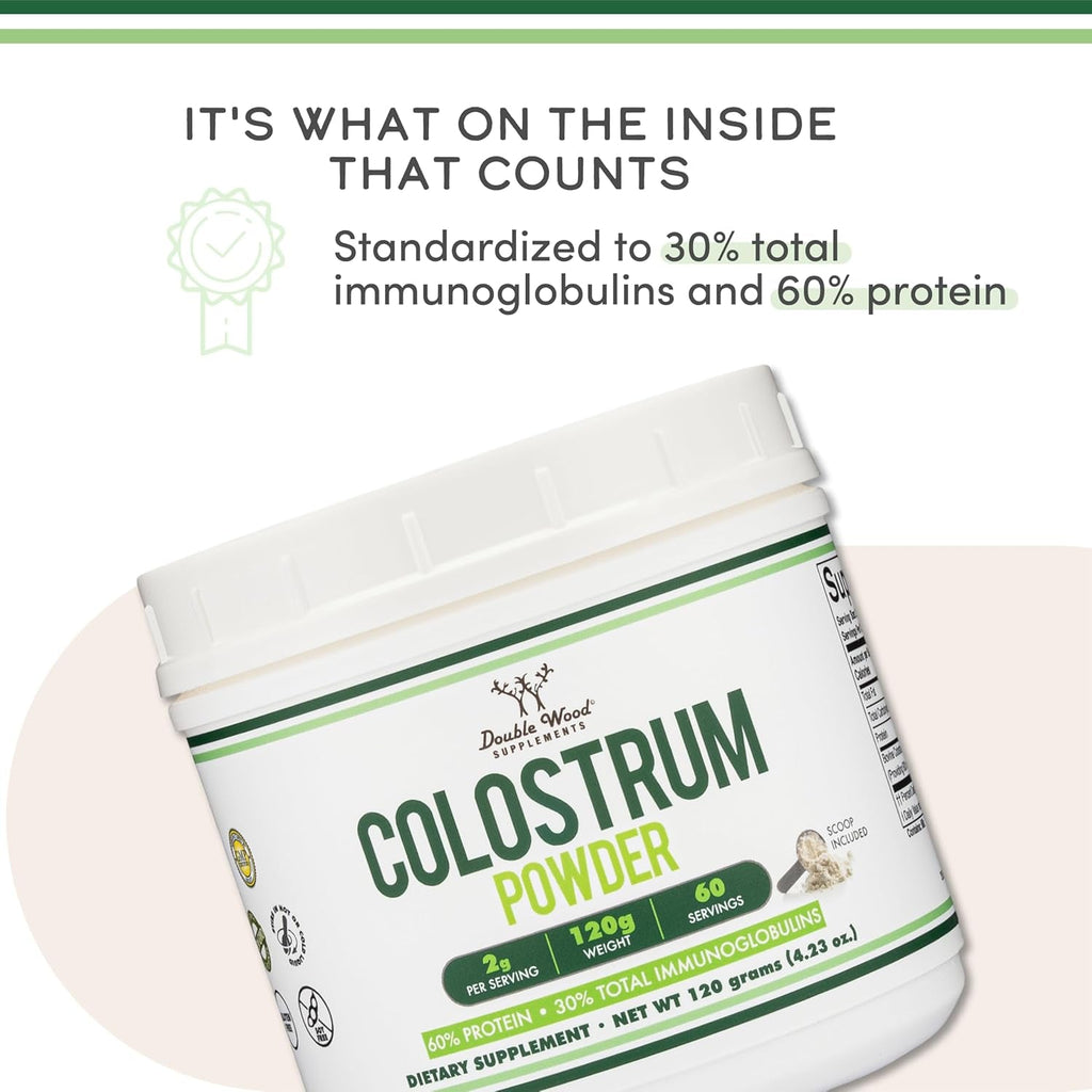 Double Wood Supplements Bovine Colostrum Powder for Women and Men, for Gut Health, Skin & Hair, Immune Support (120 Grams, 60 Day Supply - Standardized to 30% Total Immunoglobulins and 60% Protein)