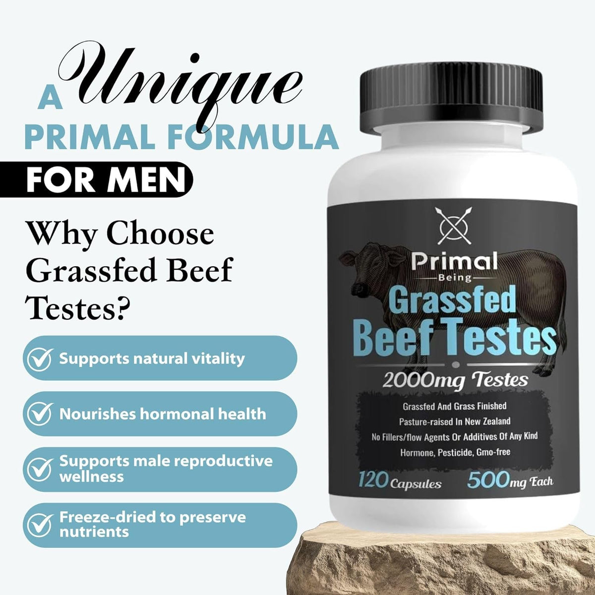 Primal Being Grassfed Beef Testes Capsules – Nutrient-Dense Beef Organ Supplement for Men, New Zealand Sourced, 120 Capsules