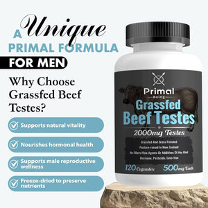 Primal Being Grassfed Beef Testes Capsules – Nutrient-Dense Beef Organ Supplement for Men, New Zealand Sourced, 120 Capsules