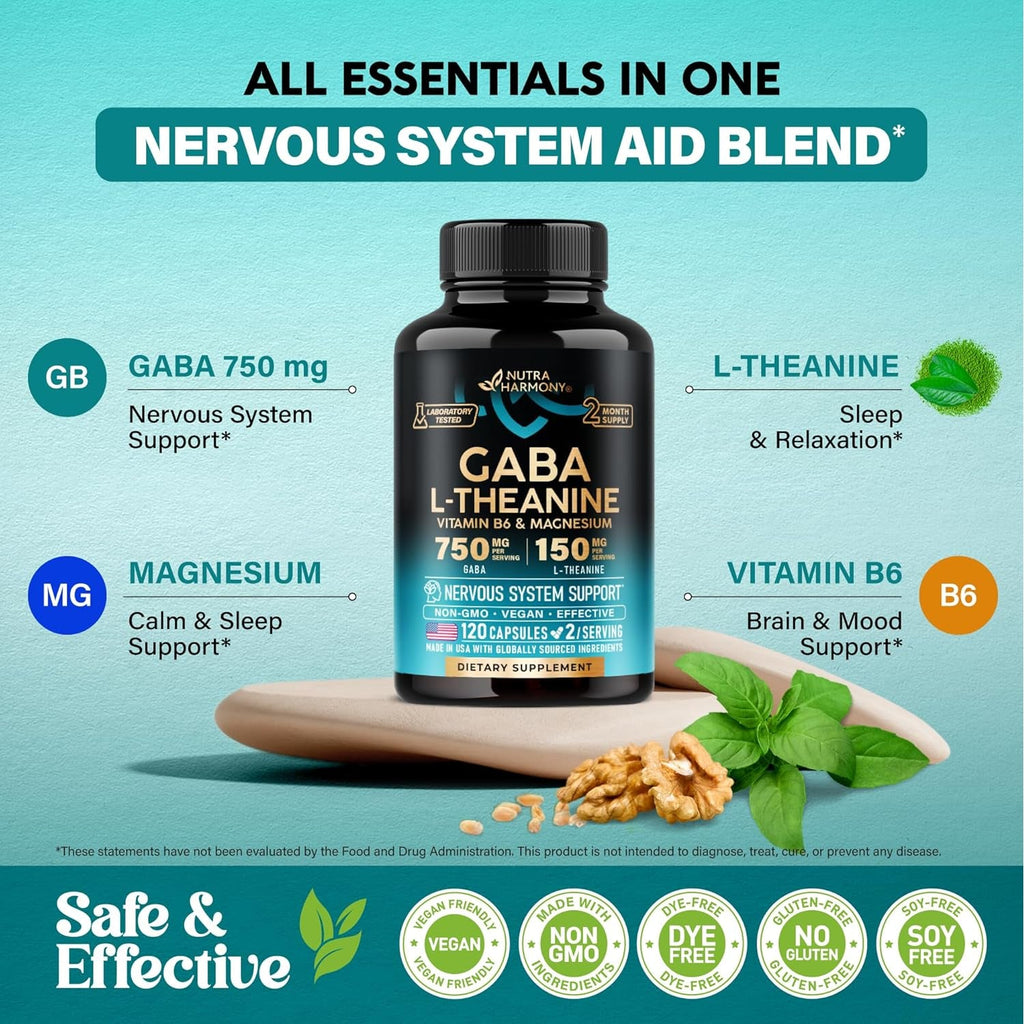 GABA L-Theanine 900 Mg - Magnesium | Vitamin B6 - Calm, Sleep, Relaxation & Mood Support - Lab Tested - 750 Mg Gamma Aminobutyric Acid, 150 Mg L-Theanine - Non-Habit Forming, Vegan - 120 Capsules