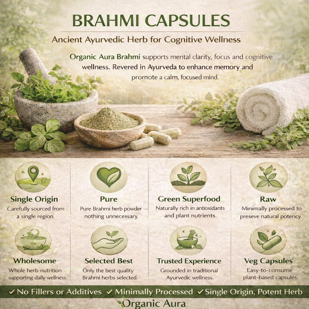 Organic Aura Brahmi Capsules -120 Count. Naturally Strengthens and Boosts Immunity and Memory. Whole Green Superfood. Non GMO - Gluten Free.