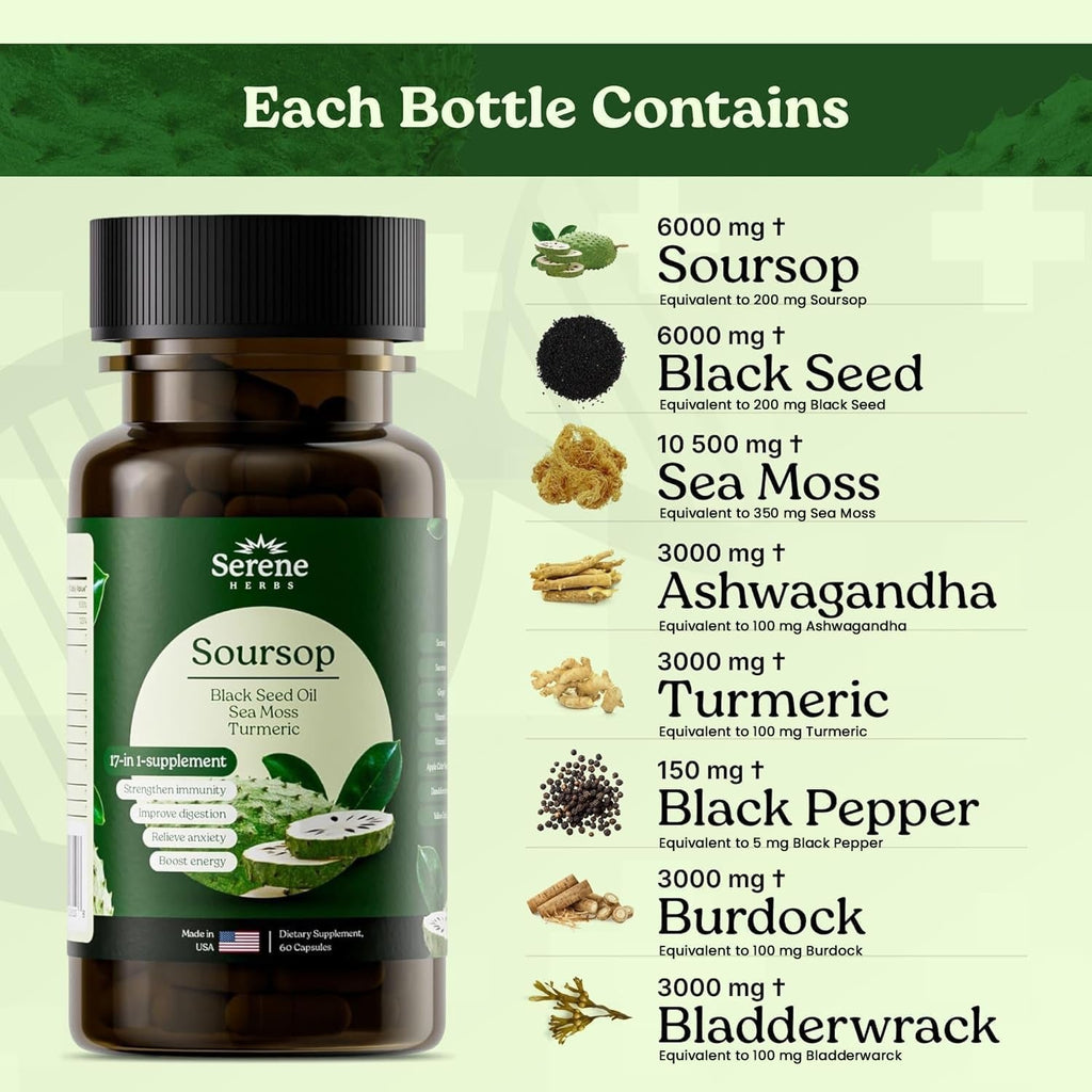 Serene Herbs 17-In-1 Sea Moss Capsules with Irish Seamoss, Black Seed Oil, Ashwagandha, Turmeric & Bladderwrack - Advanced Immunity, Energy & Gut Support - Natural Herbal Supplement - 60 Count