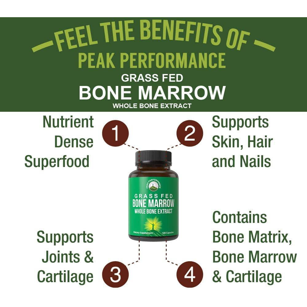 Peak Performance Grass Fed Bone Marrow - Whole Extract Supplement 180 Capsules - Superfood Pills Rich in Collagen, Vitamins, and Amino Acids - from Matrix Cartilage - Ancestral Tablets