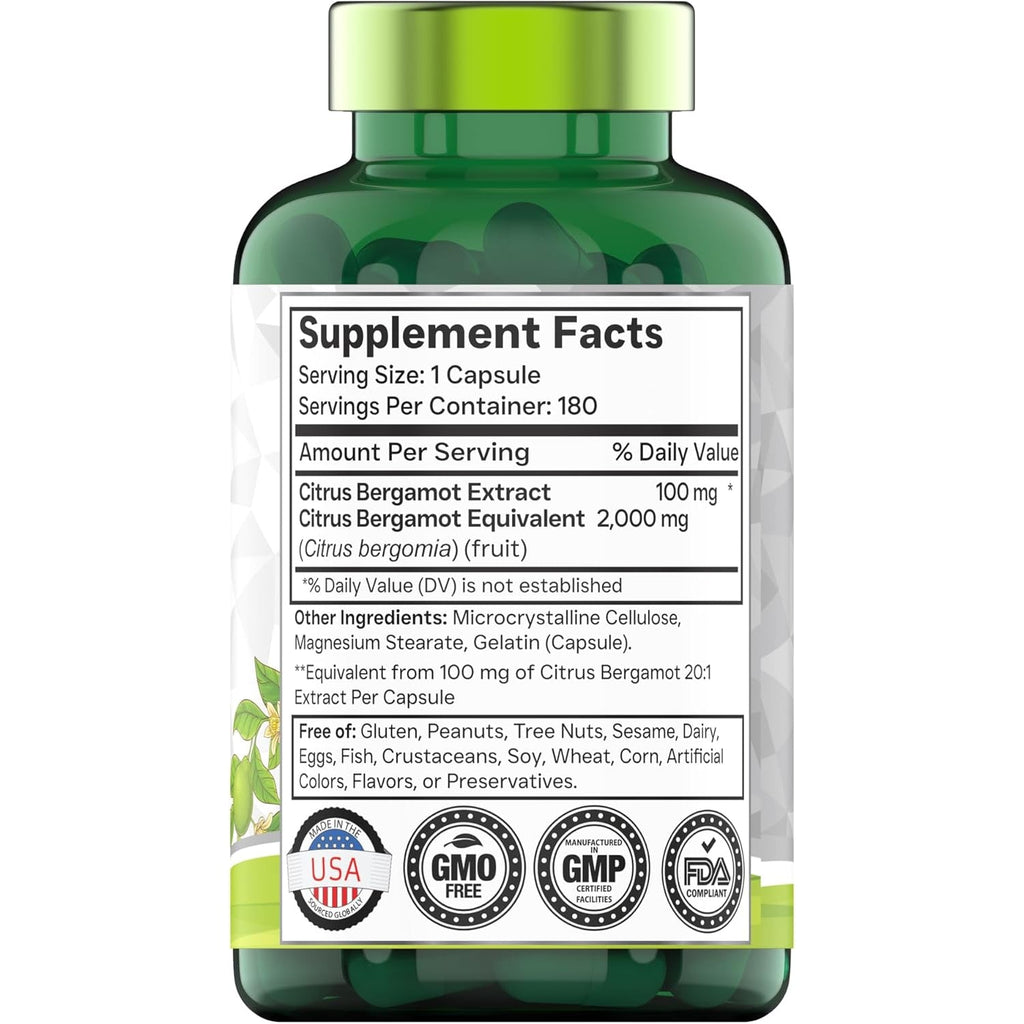 Tnvitamins Citrus Bergamot 2000Mg - 180 Capsules | Ultra Potent Citrus Bergamot Supplement 2000 Mg per 1 Capsule Serving | 6 Month Supply! | Non-Gmo | Made in the USA!