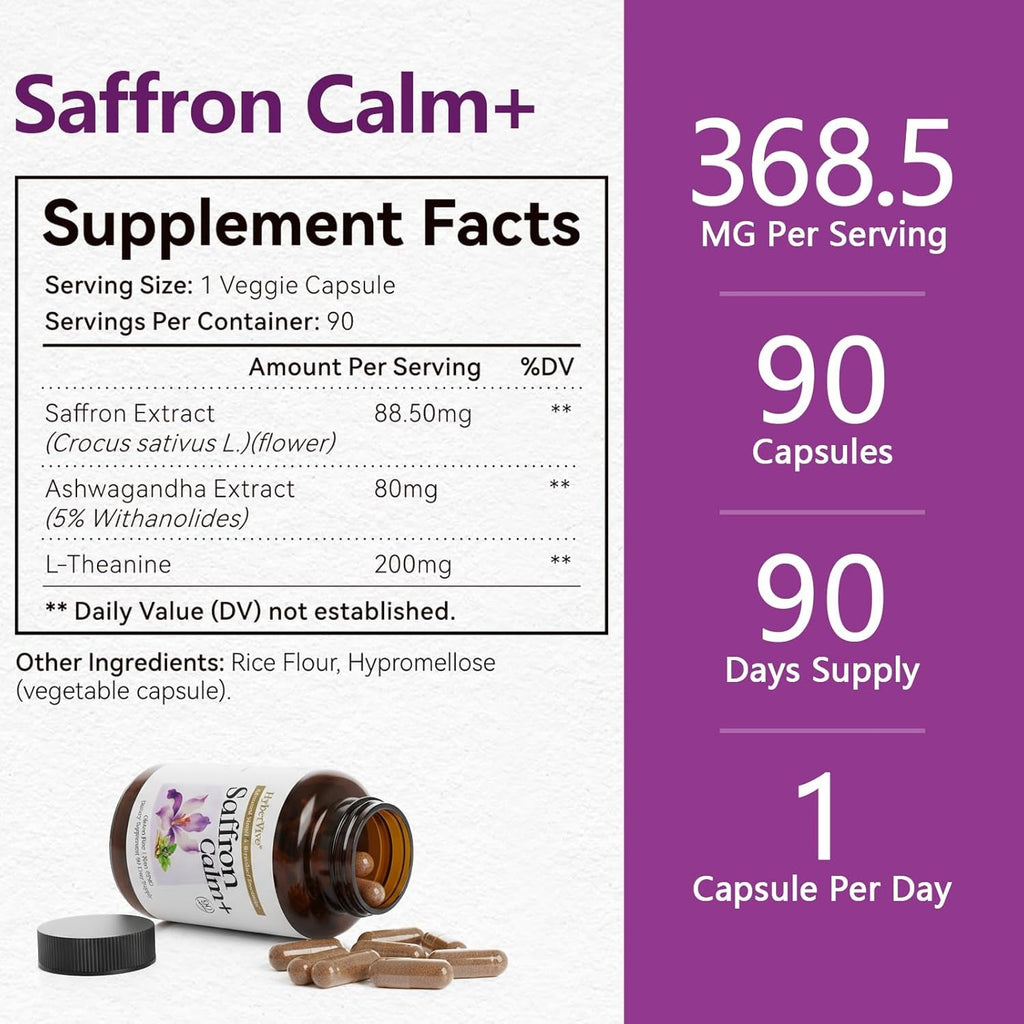 Saffron Supplements with Ashwagandha & L-Theanine - 368.5MG - Mood Balance, Stress Relief & Mental Clarity – Cortisol Support for Women & Men, Made in USA, 90 Vegan Capsules