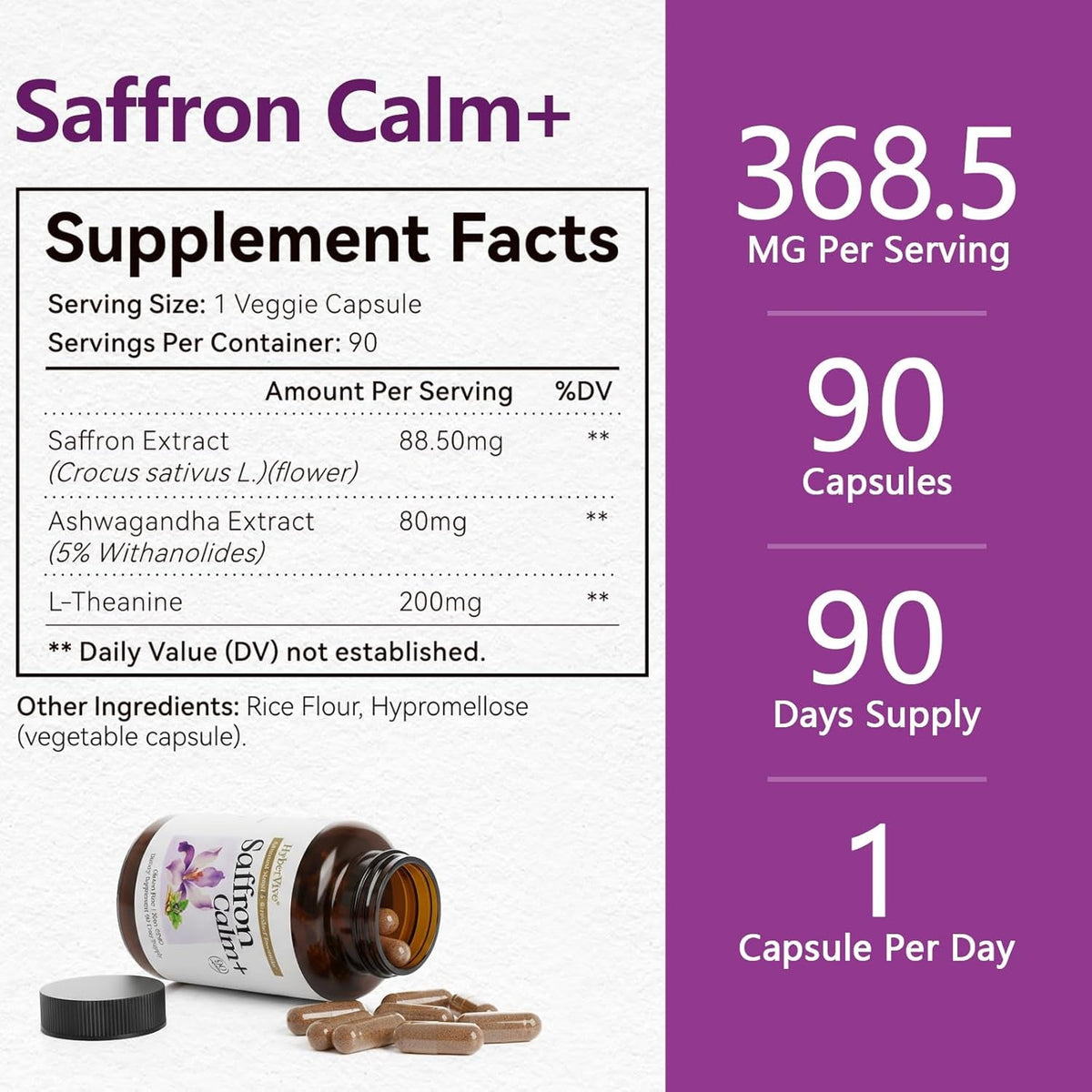 Saffron Supplements with Ashwagandha & L-Theanine - 368.5MG - Mood Balance, Stress Relief & Mental Clarity – Cortisol Support for Women & Men, Made in USA, 90 Vegan Capsules