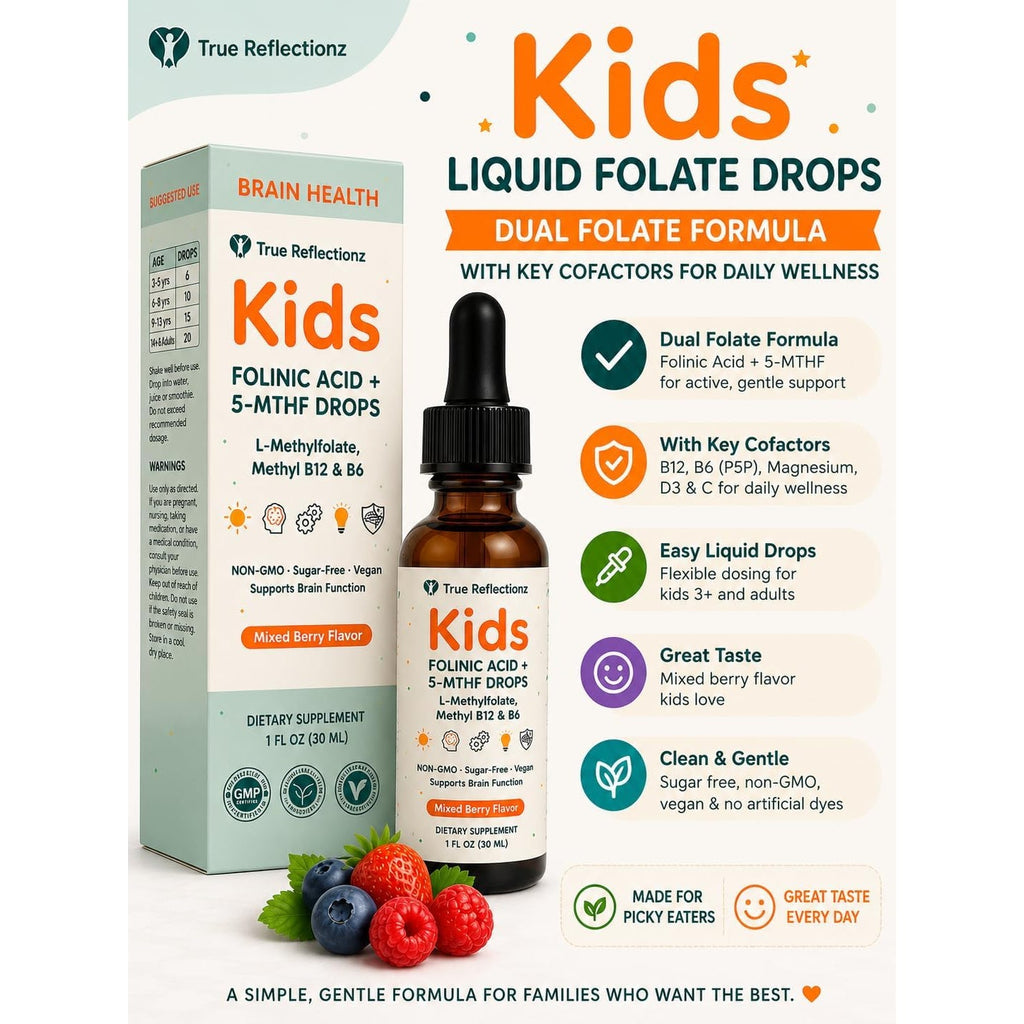 Folinic Acid Drops Kids 800 Mcg + L-Methylfolate + B12 +P5P B6 Gentle Methylation Great Taste, Magnesium Glycinate, Vitamin D3 & C Folate Support for Brain,Focus, Mood & Cellular Health 5-MTHF Drops