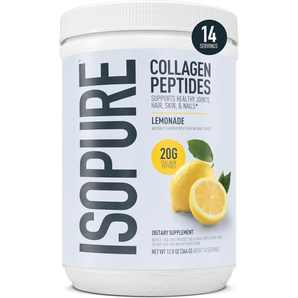 Isopure 20G Grass-Fed Collagen Peptides with Biotin + Vitamin C – Supports Skin, Hair, Nails & Joint Health – Lemonade, Keto Friendly Collagen Powder, 14 Servings