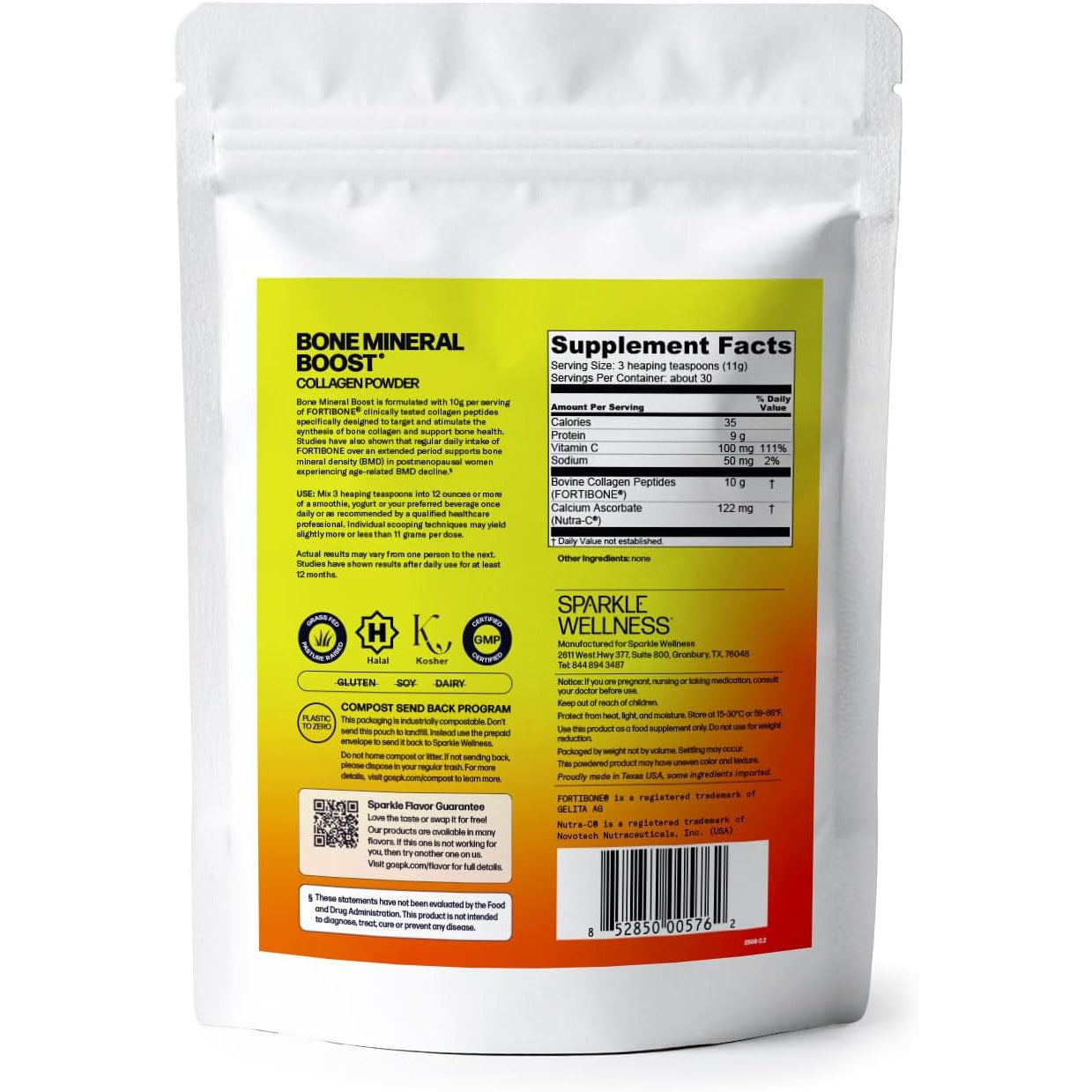 Sparkle Wellness FORTIBONE Bioactive Collagen Peptides | Collagen Powder Supplement with Nutra C Buffered Vitamin C for Bone Health | Bone Mineral Boost (No Flavor) [30 Serves]