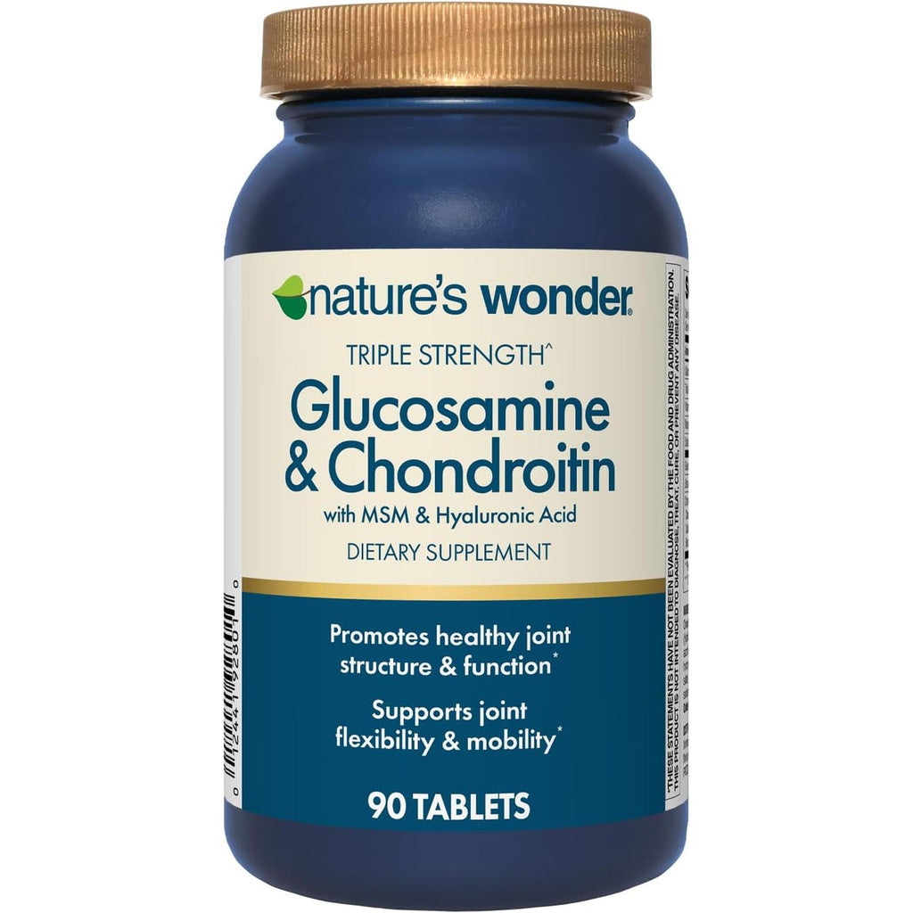 Nature'S Wonder Triple Strength Glucosamine Chondroitin with MSM and Hyaluronic Acid and Boswellia for Joint Health, Supports Joint Flexibility and Mobility, 45 Day Supply, 90 Tablets