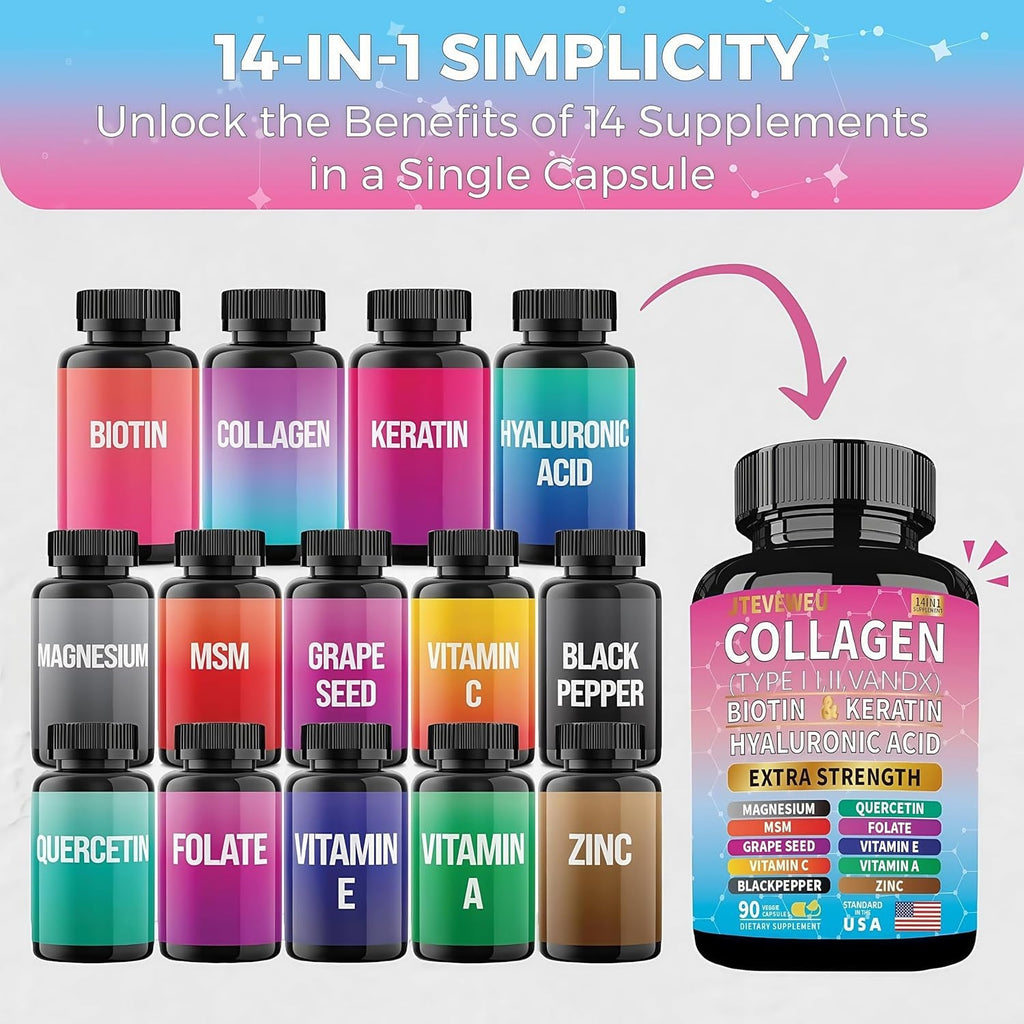 Collagen Supplement - Types I, II, III, V & X, MCG Biotin, Keratin, Hyaluronic Acid, Zinc, Grape Seed Extract, Quercetin, Vitamin A, Vitamin C, Vitamin E, Magnesium, Folic Acid（90 Capsules）