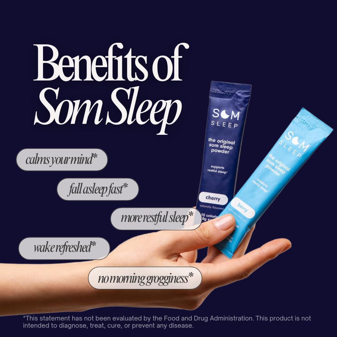 Som Sleep, Calm Sleep Nighttime Powder Drink Mix, Melatonin 3Mg, Magnesium, Vitamin B6, L-Theanine & GABA – Vegan, Zero Sugar – Berry, 10-Pack