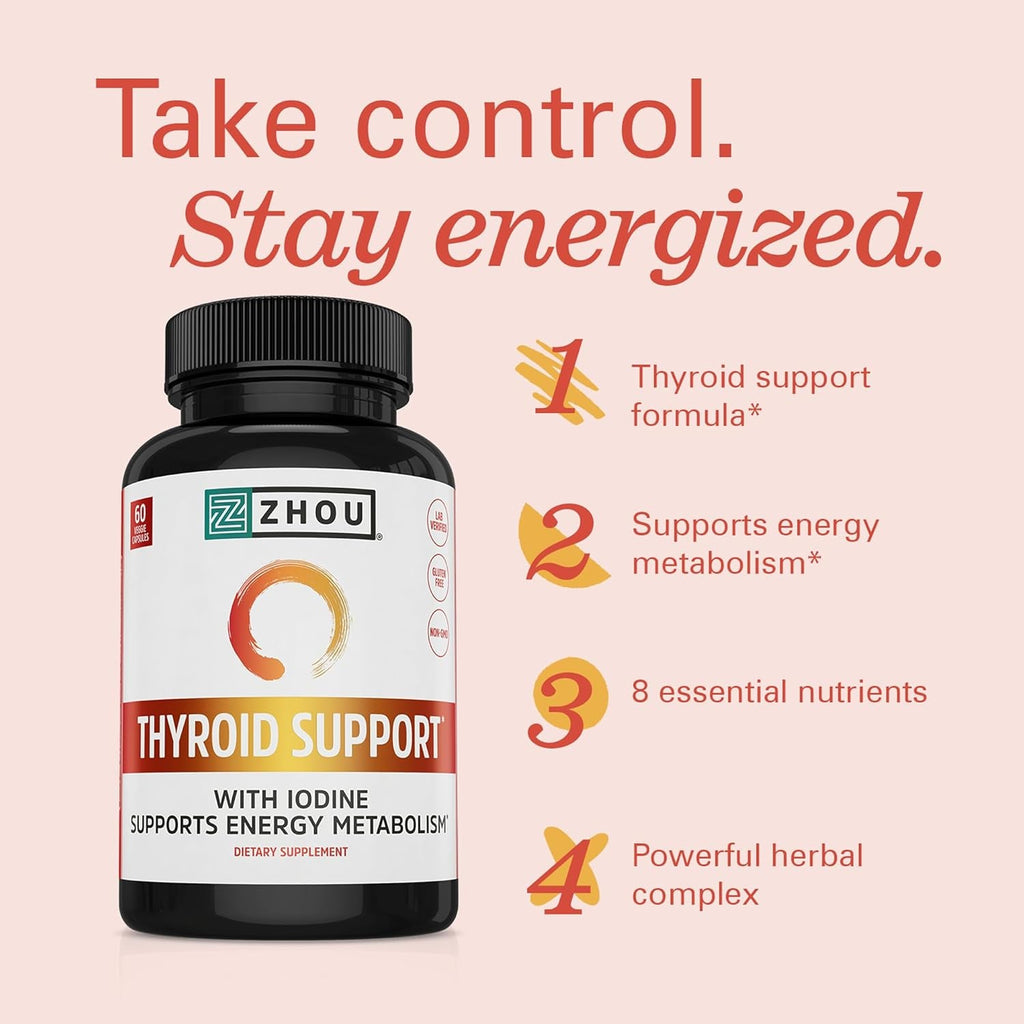 ZHOU Thyroid Support - Thyroid Supplement for Women & Men with Zinc, Iodine, & Selenium, Cellular Energy Thyroid Complex with Ashwagandha, Kelp - 60 Veggie Capsules (Pack of 1)