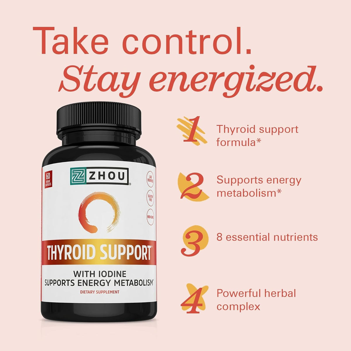 ZHOU Thyroid Support - Thyroid Supplement for Women & Men with Zinc, Iodine, & Selenium, Cellular Energy Thyroid Complex with Ashwagandha, Kelp - 60 Veggie Capsules (Pack of 1)
