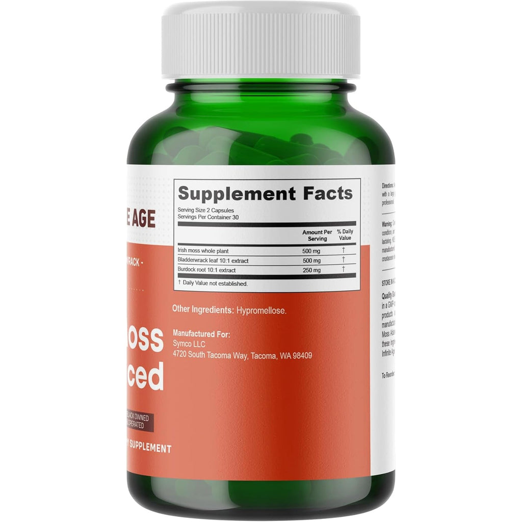 INFINITE AGE 1250Mg Sea Moss Advanced Superfood Capsules, 60 Count - High-Potency, Vegan, Made in the USA - Irish Seamoss, Bladderwrack, Burdock Root - Overall Health, Immunity Support
