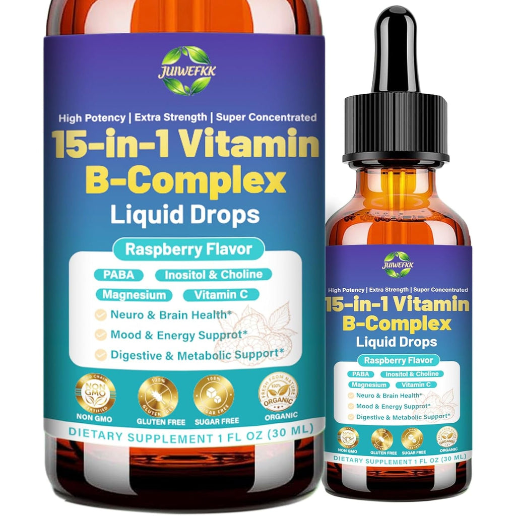Advanced Vitamin B Complex Liquid Drops for Women Men & Kids, 15-In-1 VIT B Complex with Vitamin C B12 B6 B1 Niacin Folate for Brain Nerve Neuropathy Energy Mood Health, Sublingual B-Complex Drops