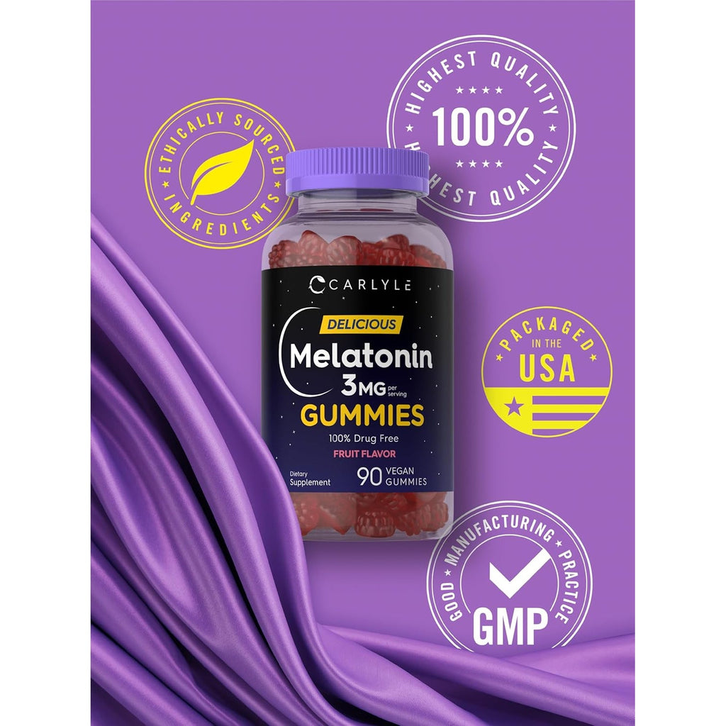 Carlyle Melatonin Gummies 3Mg | 90 Count | Fruit Flavor Gummy Supplement | 100% Drug Free Support | Vegan, Non-Gmo, Gluten Free