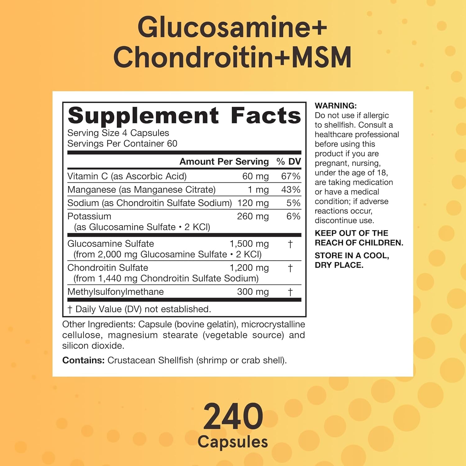 Jarrow Formulas Glucosamine, Chondroitin, and MSM Capsules; Joint Support Supplement with Vitamin C and Manganese, Bone & Joint Health, 240 Capsules, 60 Day Supply