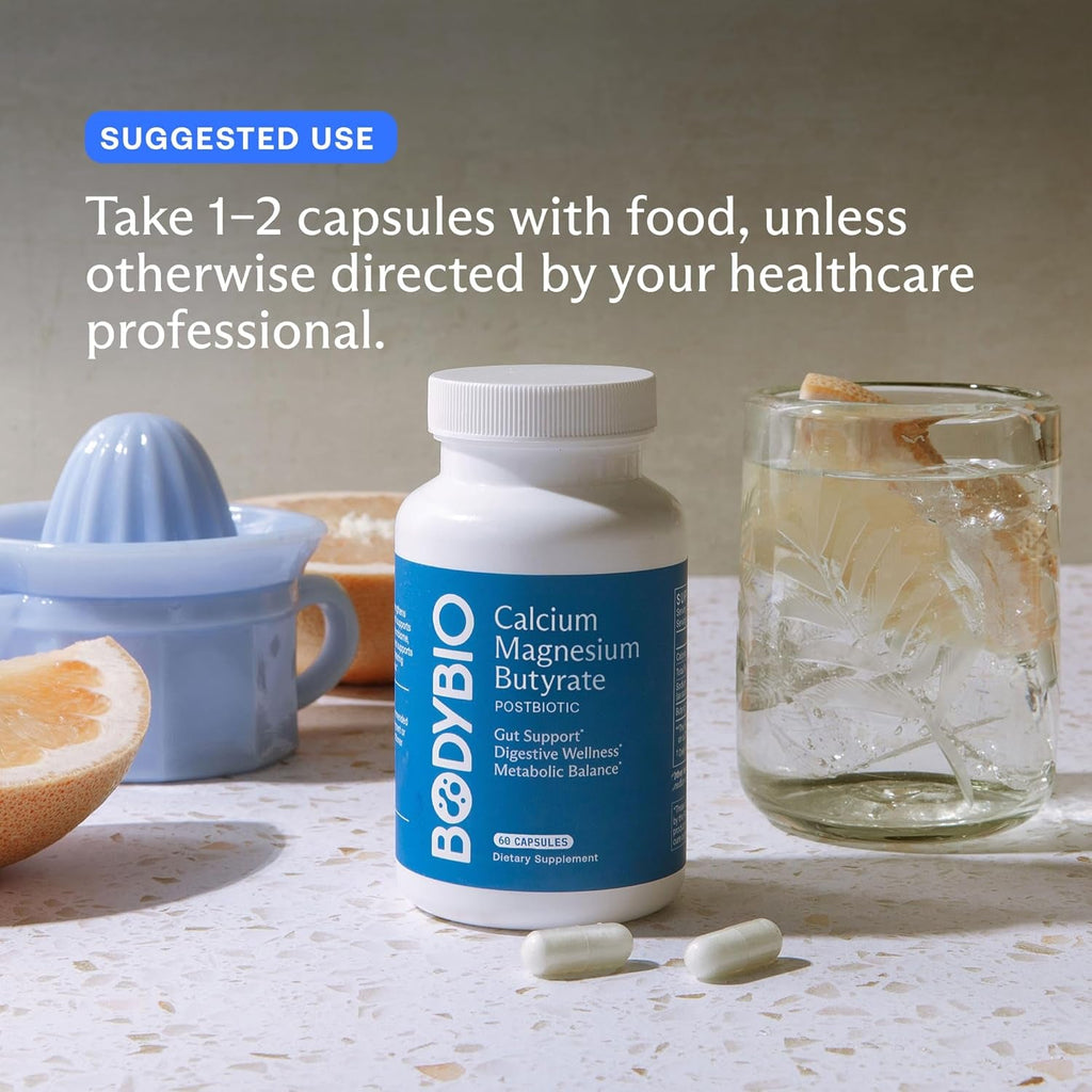 Bodybio Butyrate - Postbiotic for Gut Health, Digestive Support, Bloat, Gas & Constipation Relief, Leaky Gut Repair - Calcium, Magnesium + Butyric Acid Supplement for GI Wellness - 100 Capsules