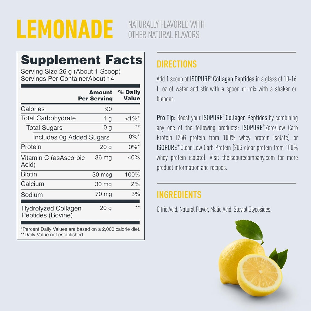 Isopure 20G Grass-Fed Collagen Peptides with Biotin + Vitamin C – Supports Skin, Hair, Nails & Joint Health – Lemonade, Keto Friendly Collagen Powder, 14 Servings