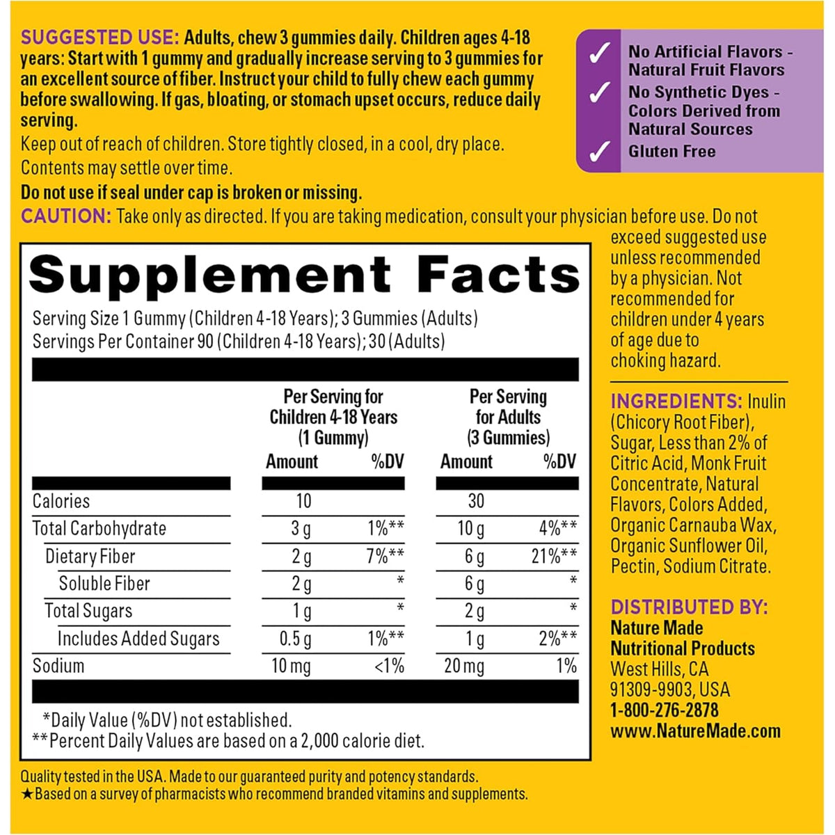 Nature Made Prebiotic Fiber Gummies for Adults and Kids, Fiber Supplement for Digestive System Support, 90 Gummies