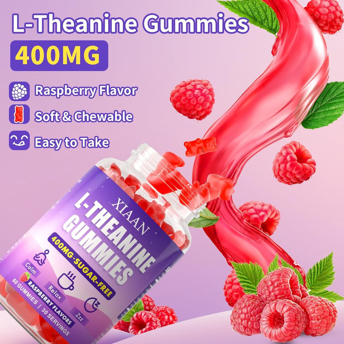 L-Theanine Gummies for Kids & Adults, L'Theanine 400Mg Chewable L Theanine Supplement for Calm, Zzz & Relaxation Support, Vegan, Organic, Raspberry Flavor, 60 Counts