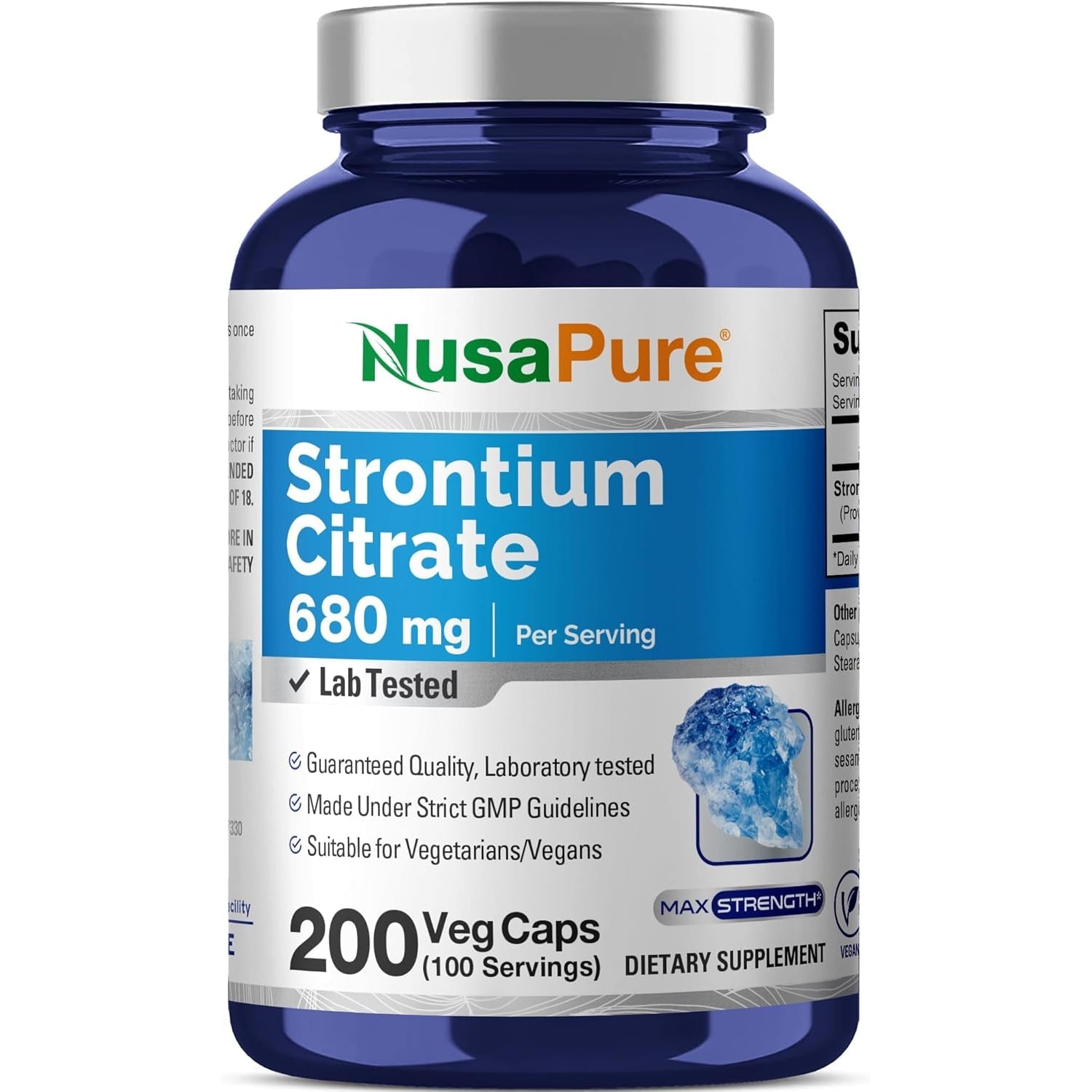 Nusapure Strontium Citrate - Suitable for Vegetarian/Vegan, Non - GMO - 680 Mg 200 Capsules