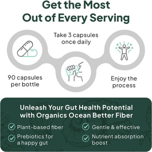 Organics Ocean Better Fiber - Daily Fiber Supplement - Soften Stool for Effortless Bowel Movements - with Psyllium Hulk and Slippery Elm - 90 Capsules