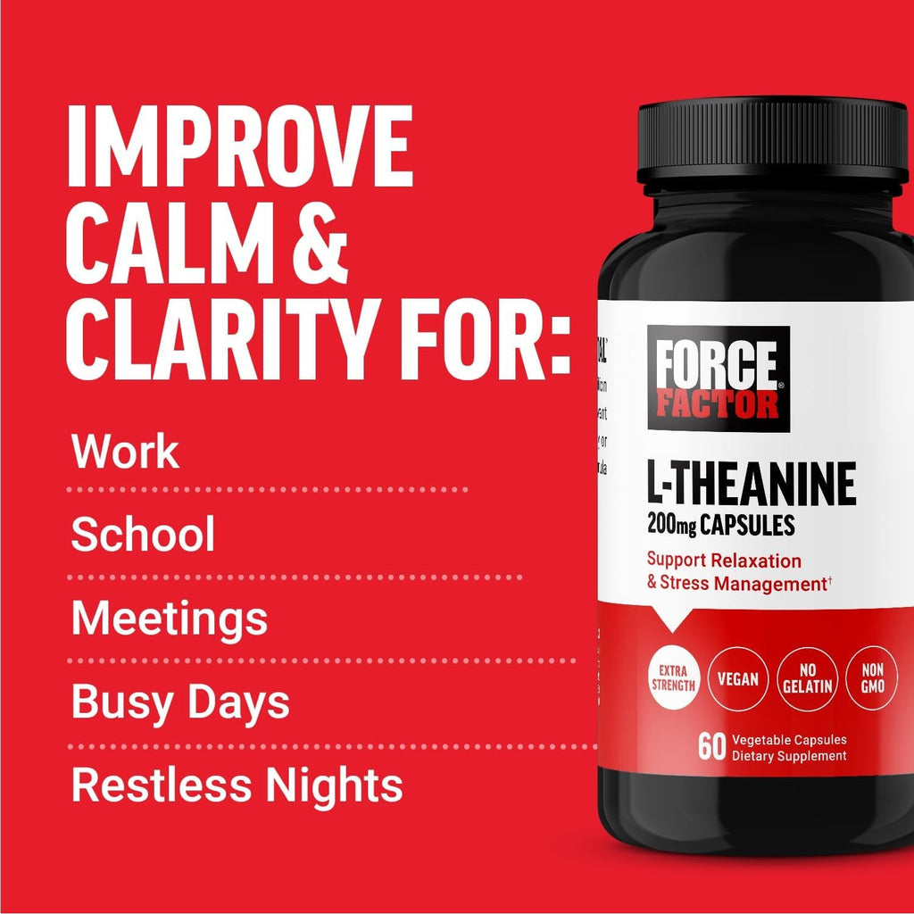 Force Factor L Theanine 200Mg, Extra Strength L-Theanine Supplement for Stress Relief, and Supporting Calm and Relaxation, Vegan, Non-Gmo, No Gelatin, 60 Vegetable Capsules