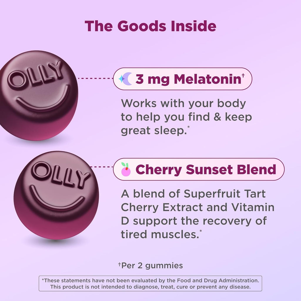 OLLY Muscle Recovery Sleep Gummies, Sleep and Healthy Muscle Support,* 3Mg Melatonin, Tart Cherry Extract, Vitamin D, Berry Rested Flavor, 20 Day Supply - 40 Count