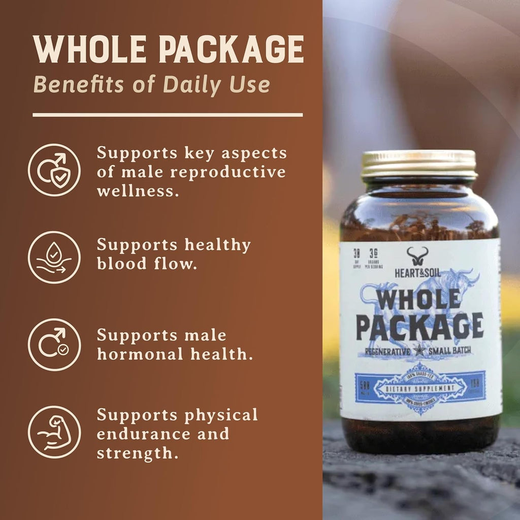 Heart & Soil – Whole Package – 100% Grass Fed & Finished Testicle, Liver & Blood Extract – Supports Male Reproductive Wellness, Hormonal Health, Energy Output & Physical Endurance – 180 Capsules