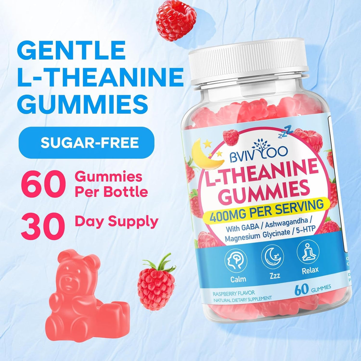 L-Theanine Gummies with L-Theanine 400 Mg, Ashwagandha, GABA, 5-HTP, Magnesium Glycinate for Calm, ZZZ & Relaxation Support - Vegan, Raspberry Flavor, 60 Count