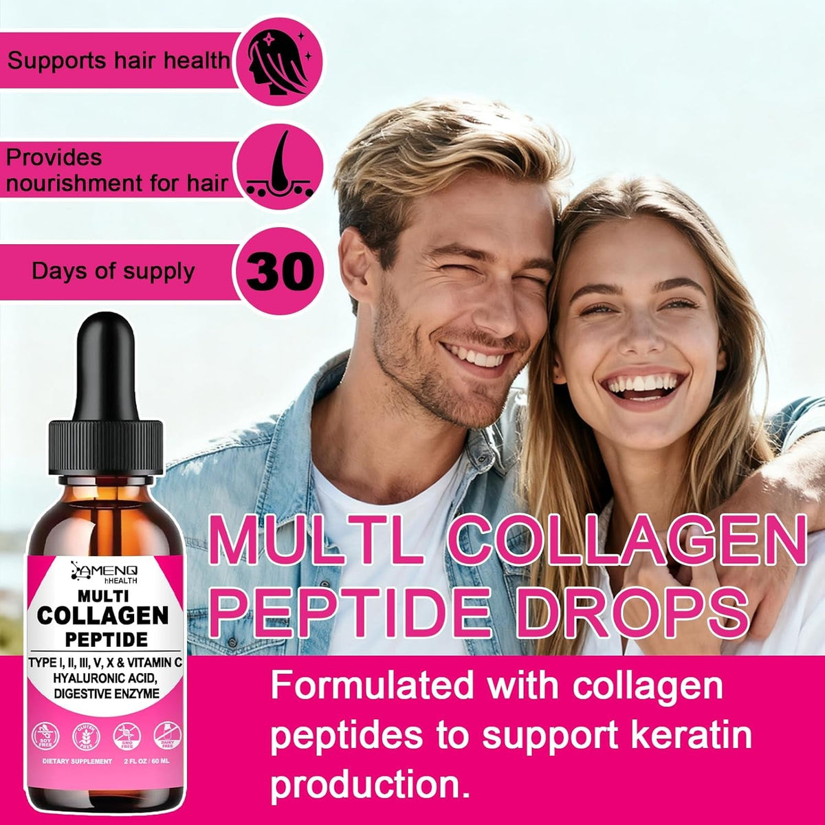 Multi Collagen Peptides Liquid Drops for Women & Men, Hydrolyzed Collagen Peptides Type (I, II, III, V, X)Proteins Complex W. Hyaluronic Acid, Biotin & Vitamin C, Support Hair Skin Joint & Gut Health