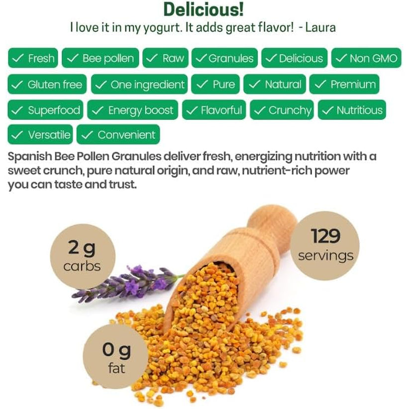 Z Natural Foods Spanish Bee Pollen Granules - Pure & Raw Pollen Granule, Product of Spain - Nutrient-Dense for Energy & Immune Support - Aromatic Sweet Flavor, Sprinkle on Salads & Smoothies, 1Lb