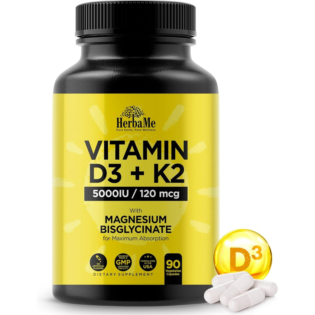 Herbame Vitamin D3 5000 IU + K2 with Magnesium Bisglycinate | Complete D3 Activation & Absorption Support Formula | Bone, Muscle & Immune Wellness | 90 Capsules