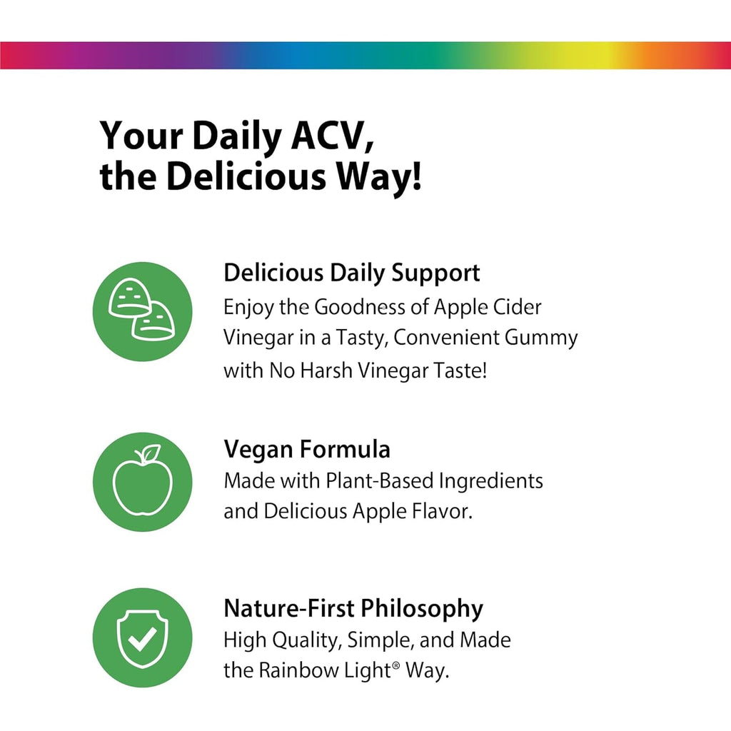 Rainbow Light Apple Cider Vinegar Gummies 500 Mg | 50 Count | Delicious Apple Flavor | with No Vinegar Aftertaste | USDA Organic | Vegan, Non-Gmo, Gluten Free