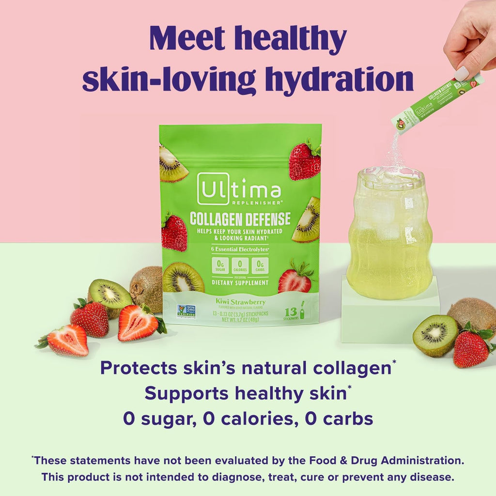 Ultima Replenisher Collagen Defense Supplement and Electrolytes Powder - Kiwi Strawberry, 13 Stickpacks - Hydration Packets with Dermaval and Biotin That Keep Your Skin Hydrated and Looking Radiant