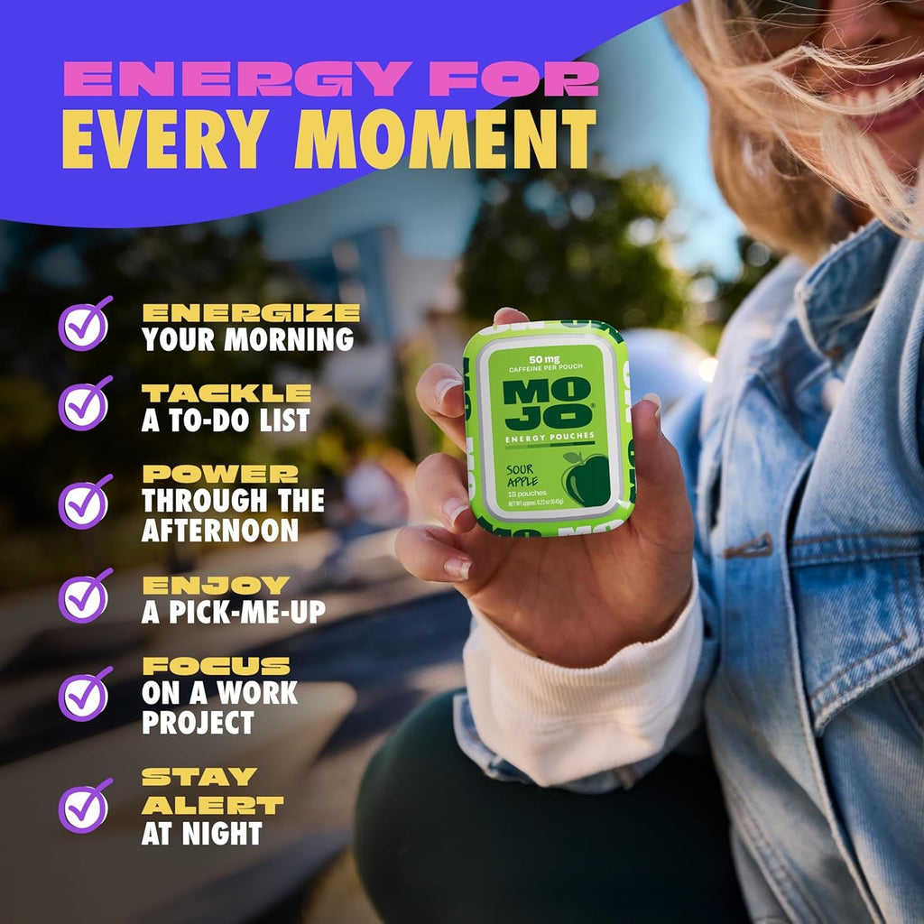 MOJO Energy Pouches Sour Apple Flavor, 50 Mg per Caffeine Pouch, 15 Pouches, Single Pack