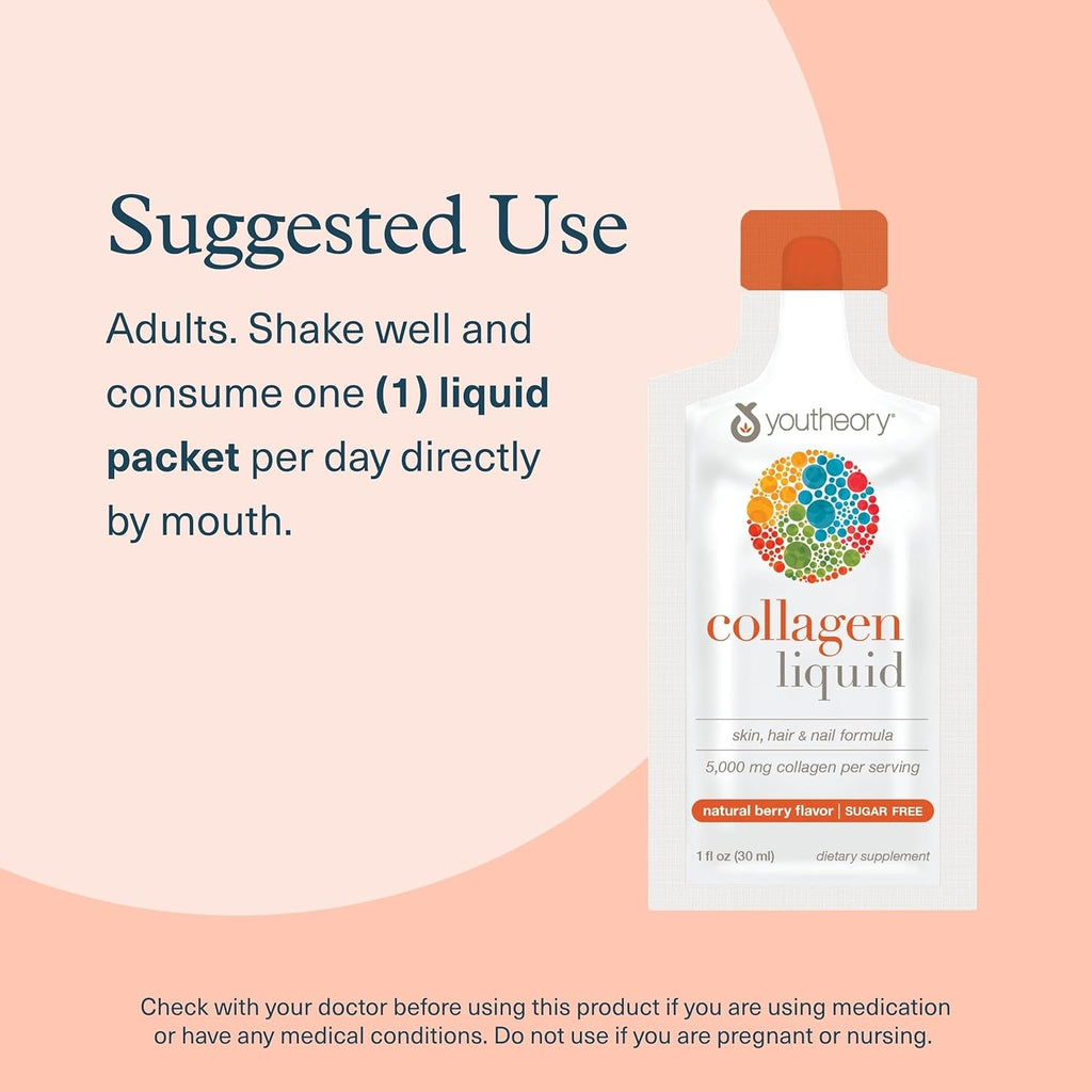 Youtheory Collagen Liquid - 5,000 Mg Hydrolyzed Collagen Peptides - Supports Hair, Nail, Joint & Bone Health* - Berry Flavor - 1 Oz Single Serve Packet, Pack of 12
