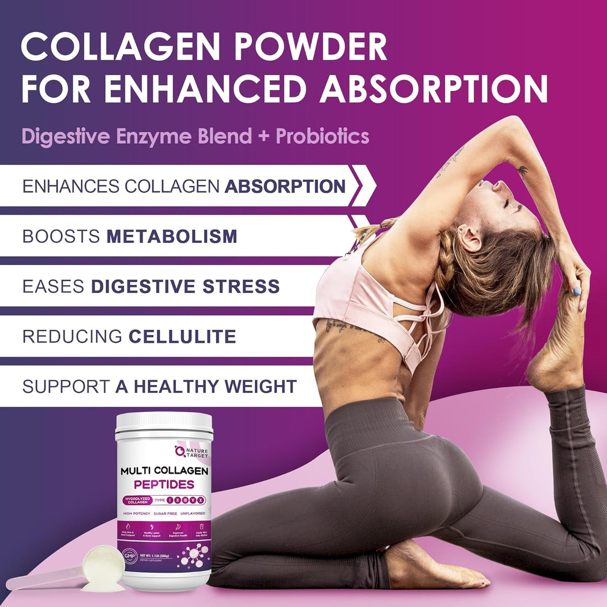 NATURE TARGET Multi Collagen Peptides Powder - Type I, II, III, V, X - Hydrolyzed Collagen Peptides with Vitamin C Hyaluronic Acid, Supports Skin Hair Nail & Joint, Grass-Fed, Non-Gmo, 50 Servings