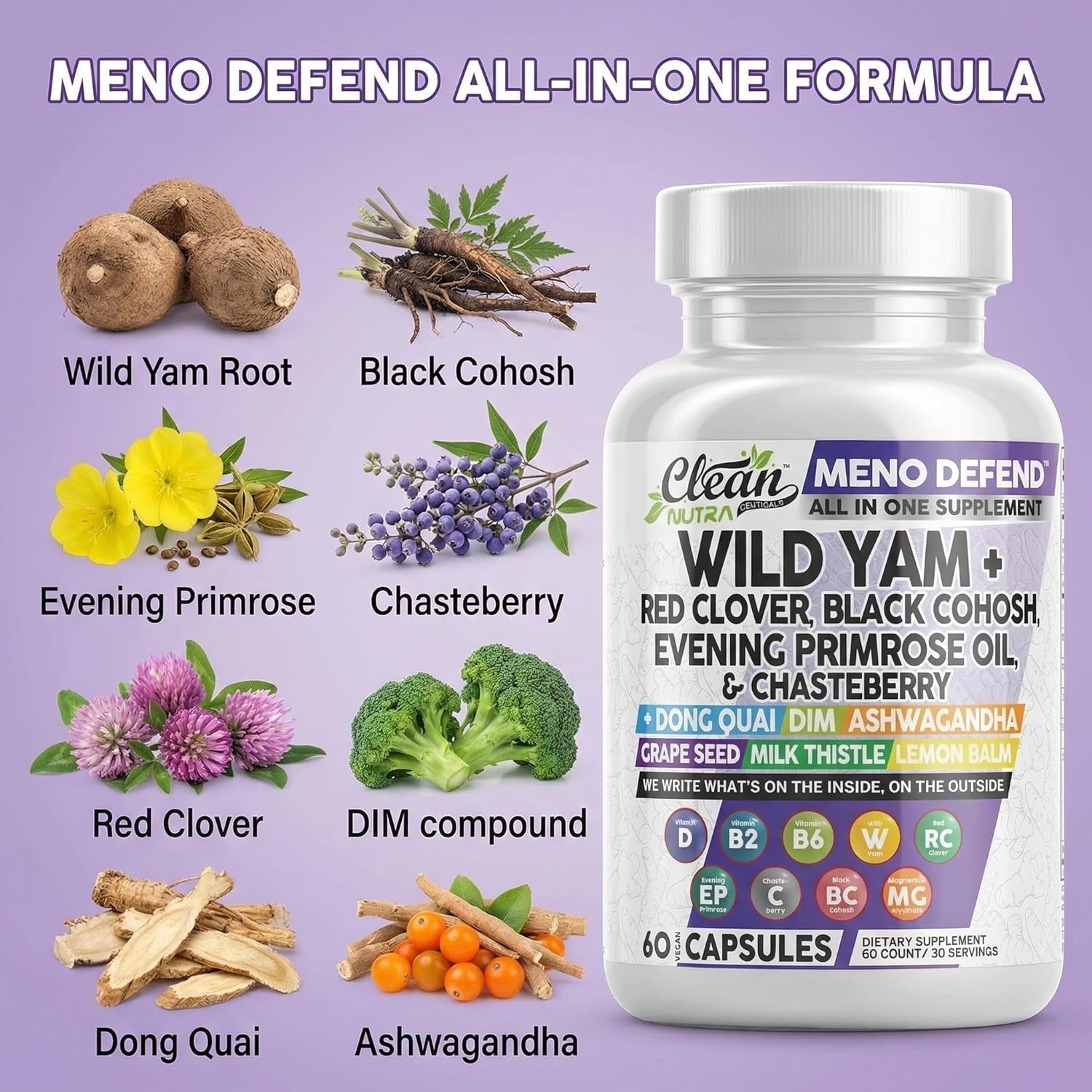 Clean Nutra Wild Yam Root Capsules with Red Clover Black Cohosh Evening Primrose Oil Chasteberry Dong Quai DIM Ashwagandha Grape Seed Extract Milk Thistle Lemon Balm and More Hormone Balance for Women