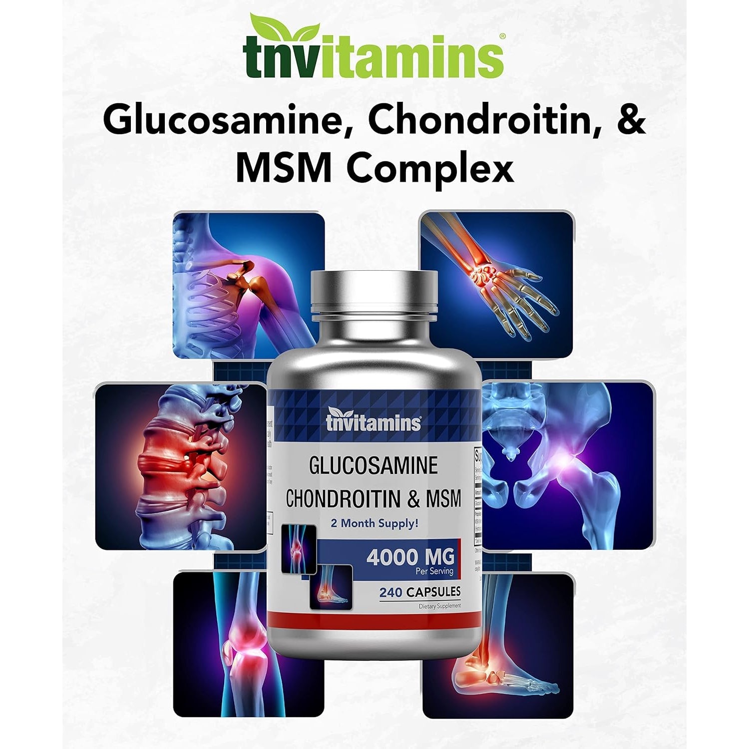 Tnvitamins Glucosamine Chondroitin MSM Capsules, 240 Count | 4,000 Mg per Serving | 2,000 Mg Glucosamine Sulfate 2Kcl + 2,000 Mg MSM & Chondroitin Blend | Joint Support Supplement