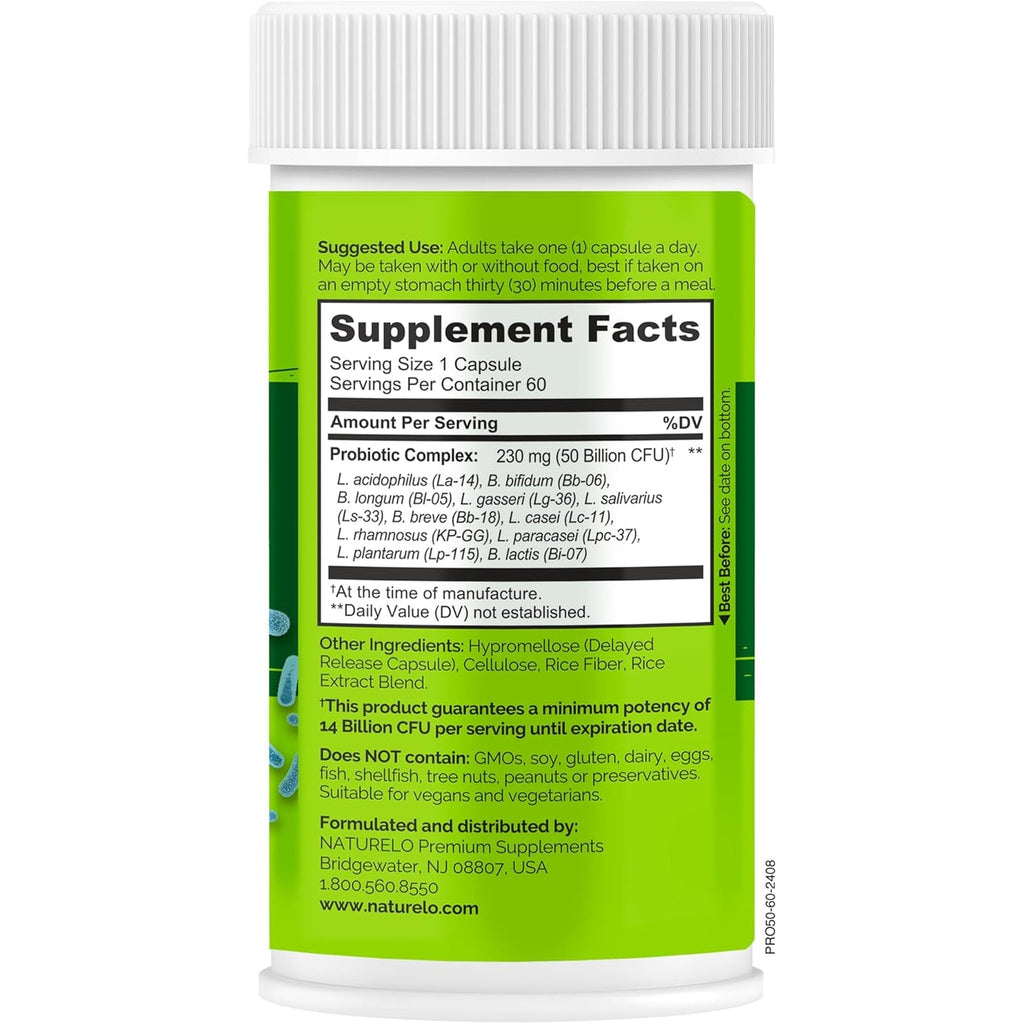 NATURELO Probiotics for Digestive Health, 50 Billion CFU, 60 Vegetarian Capsules, 11 Strains, Daily Use Supplement, Delayed Release, No-Fridge, Boosts Immune System, Probiotics for Women & Men