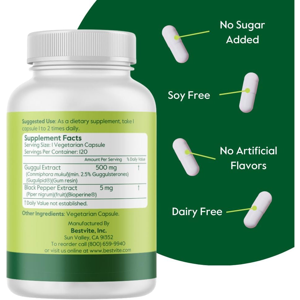 BESTVITE Guggul Extract 500Mg (120 Vegetarian Capsules) - Backed by Clinical Research, Patented and Standardized, Enhanced by Bioperine - No Fillers - No Stearates - Vegan - Non GMO - Gluten Free