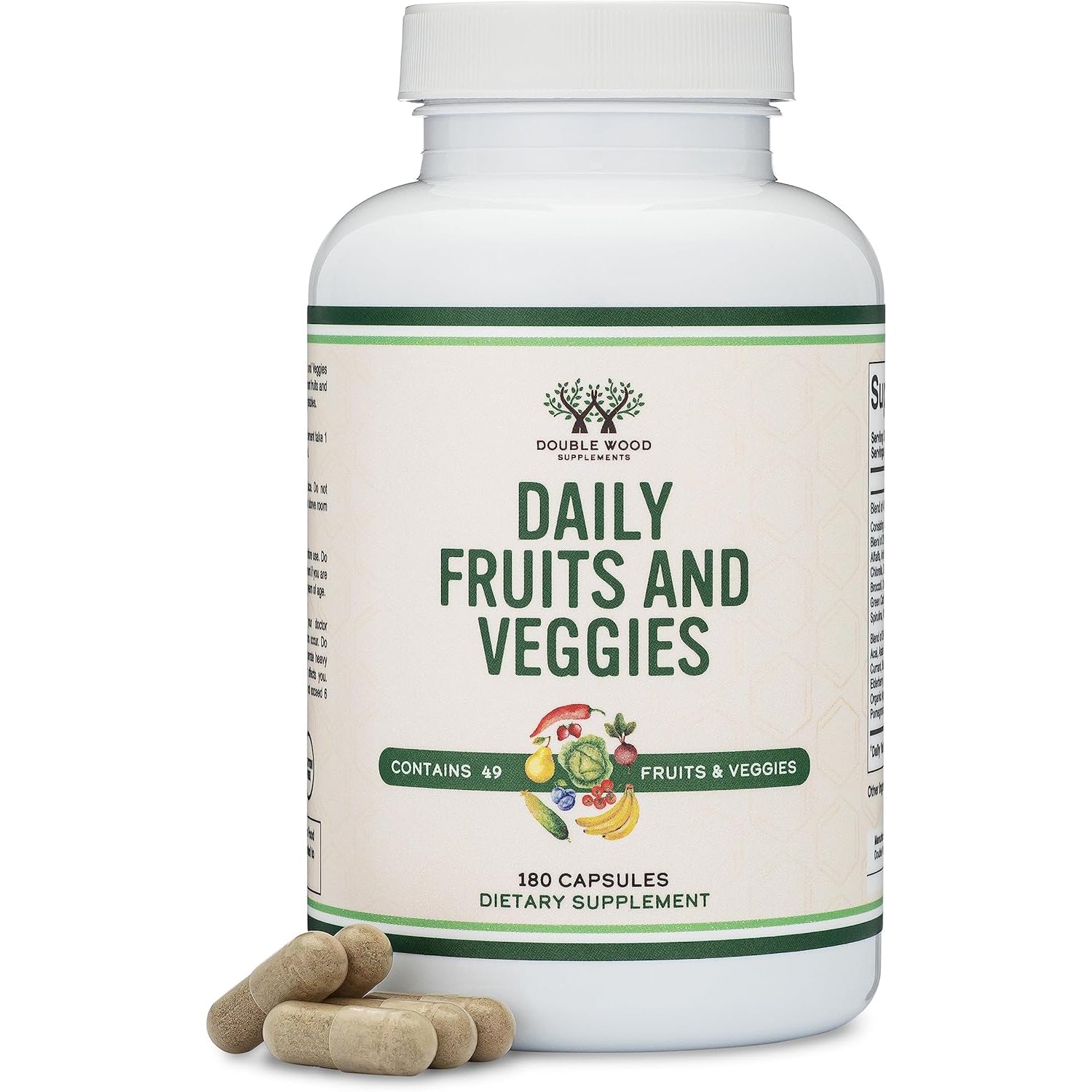 Fruits and Veggies Supplement (Daily Blend of 49 Different Fruits and Vegetables, 23 Veggies and 29 Fruits) 1,500Mg Servings, 180 Capsules (No Fillers, Vegan Safe, Non-Gmo) by Double Wood