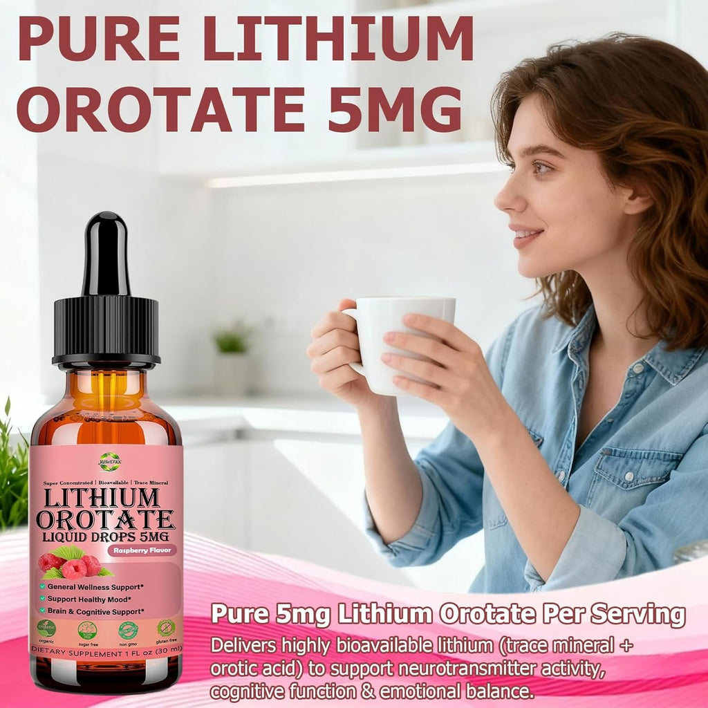 Pure Lithium Orotate Liquid Drops 5Mg, Low Dose Lithium Brain Supplement for Cognitive Memory Mood Behavior, High Bioavailability Liquid Lithium-Orotate Drops for Kids Adults Vegan Non-Gmo