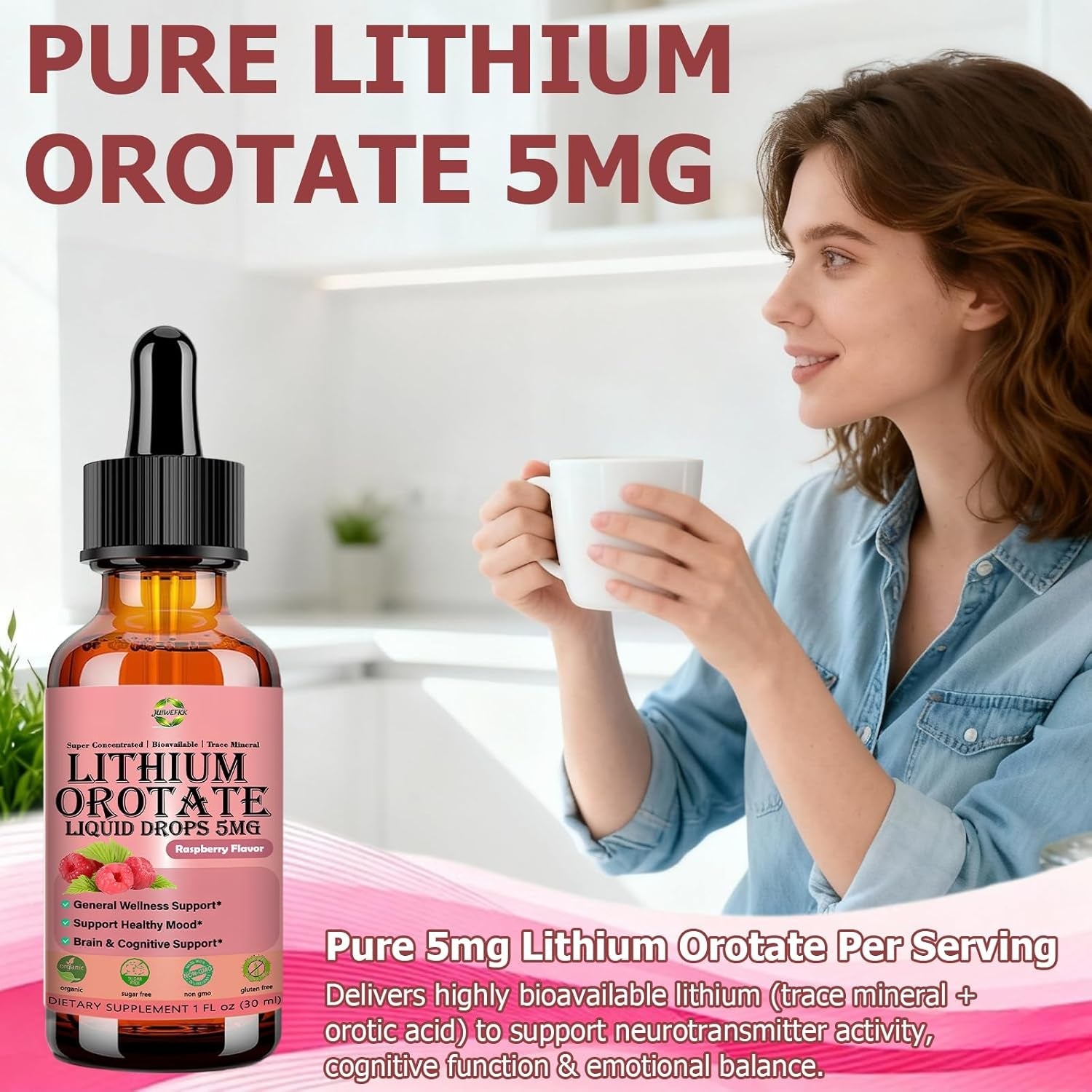 Pure Lithium Orotate Liquid Drops 5Mg, Low Dose Lithium Brain Supplement for Cognitive Memory Mood Behavior, High Bioavailability Liquid Lithium-Orotate Drops for Kids Adults Vegan Non-Gmo