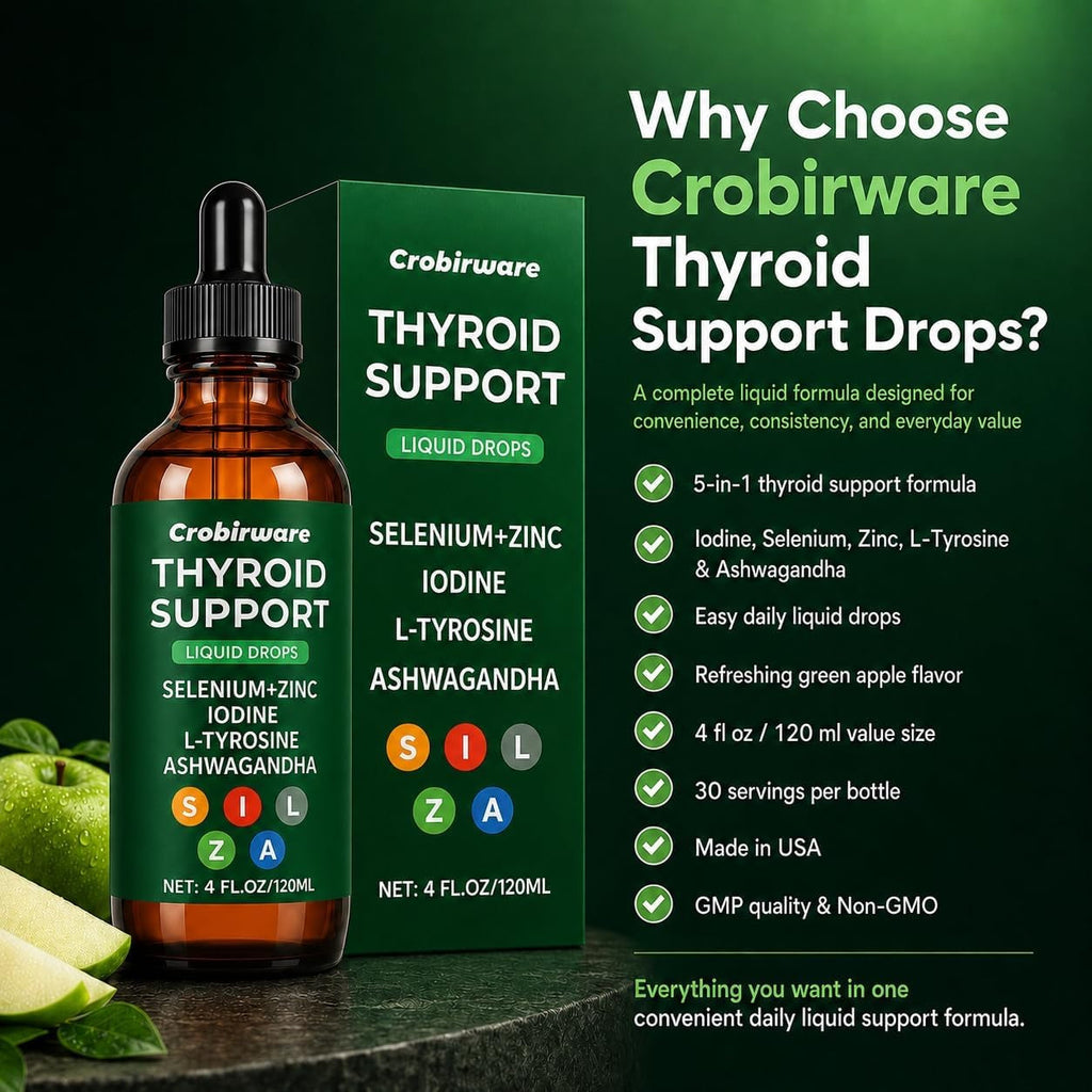 Thyroid Support Complex Liquid Drops for Women & Men - High Potency Iodine, Zinc, Selenium & Ashwagandha for Cortisol & Stress Relief - Natural Metabolism & Energy Booster - 4 Oz (120Ml)
