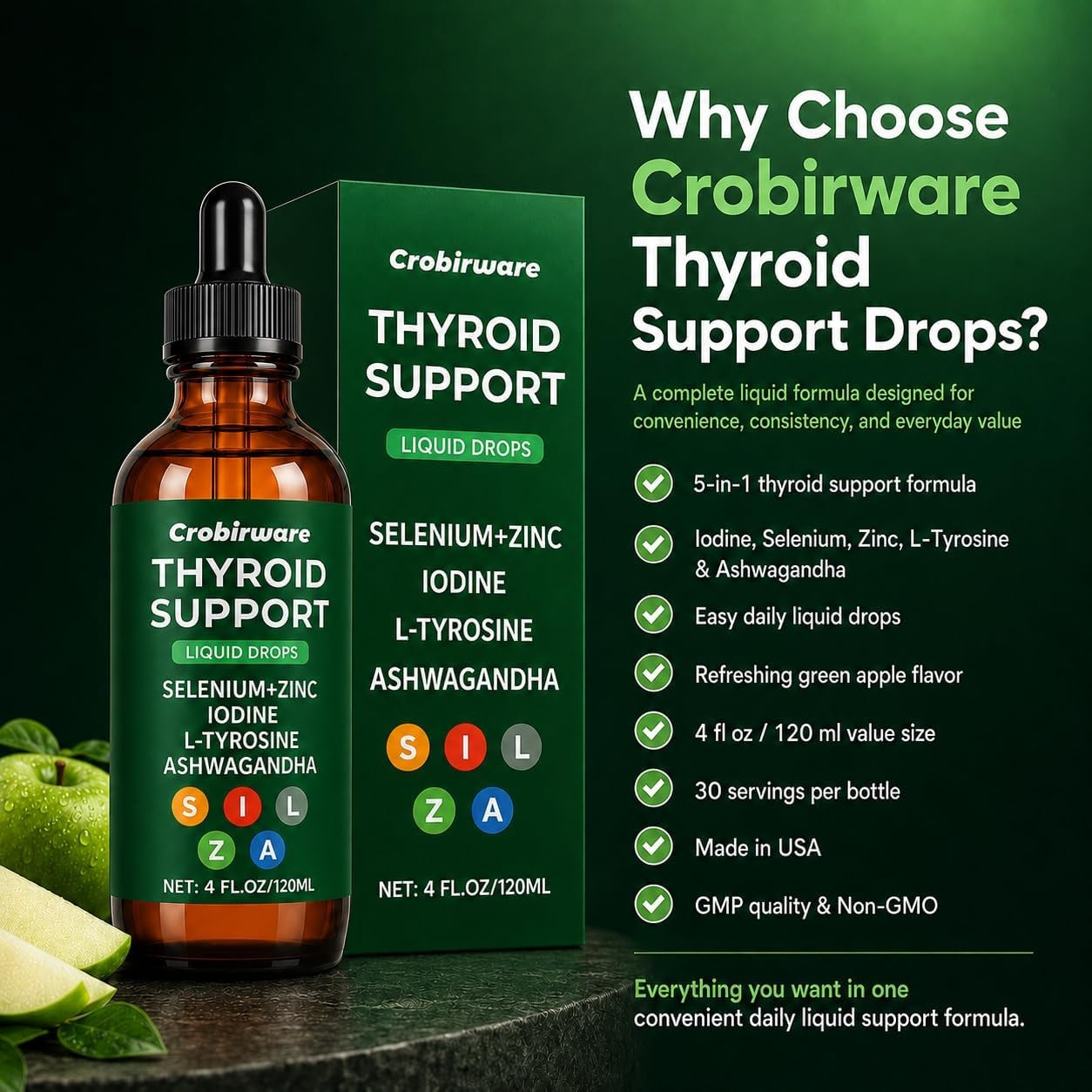 Thyroid Support Complex Liquid Drops for Women & Men - High Potency Iodine, Zinc, Selenium & Ashwagandha for Cortisol & Stress Relief - Natural Metabolism & Energy Booster - 4 Oz (120Ml)